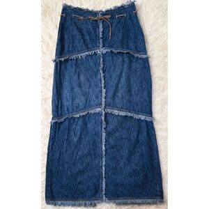 Y2K Vintage Denim Midi Skirt Fringe Patchwork Drawstring Boho Long 90s